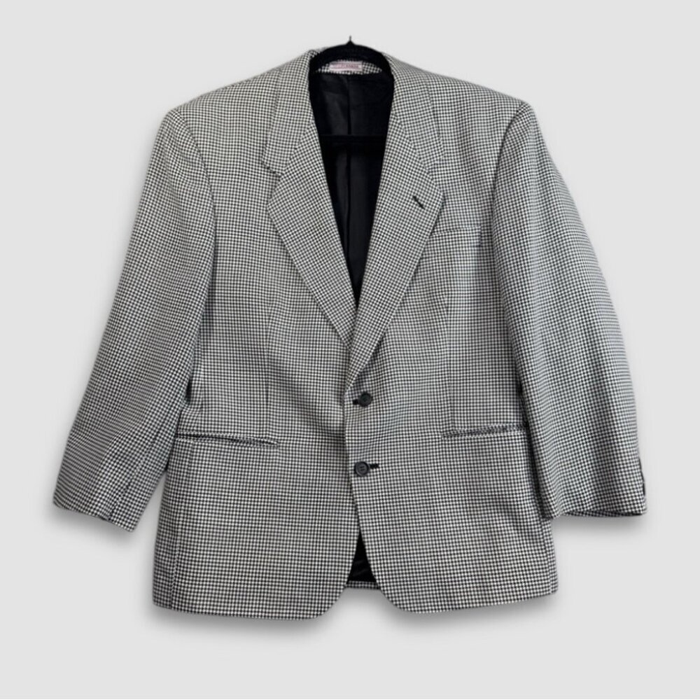 Vintage Black White Wool Houndstooth Checkered Academia Double Breasted Blazer - Picture 1 of 16